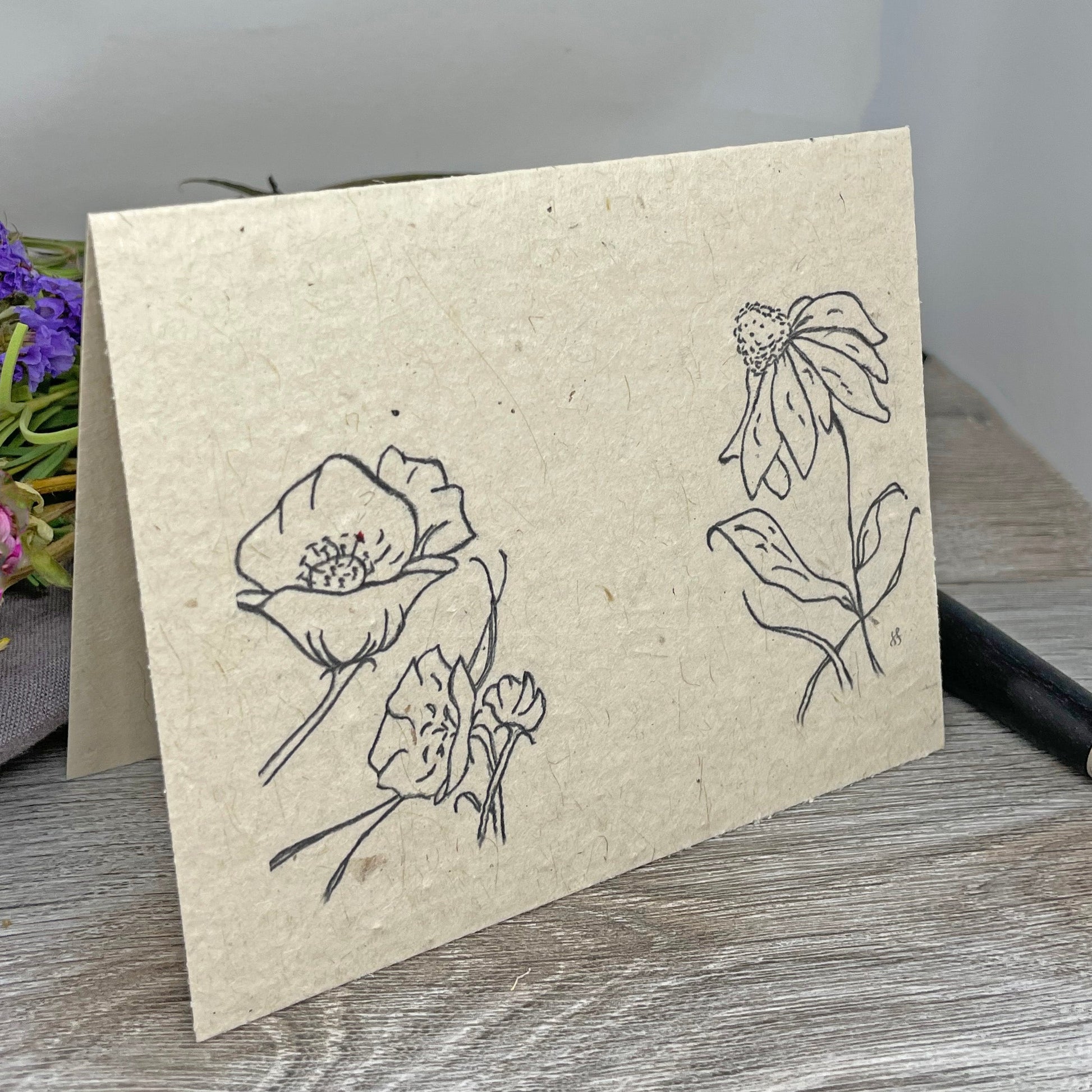 Wildflower Seed Paper. Plantable cards. charcoal drawing. handdrawn. Wildflowers. Card for guests. Blank card.