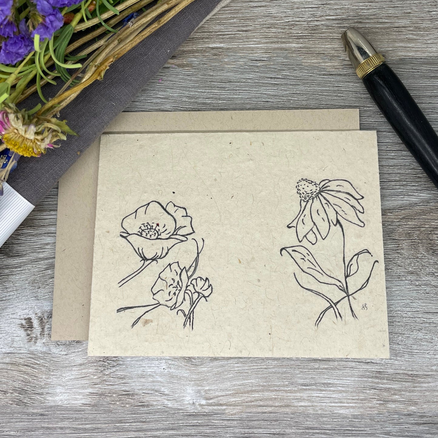 Wildflower Seed Paper.  Plantable cards. charcoal drawing. handdrawn. Wildflowers. Card for guests.  Blank card.