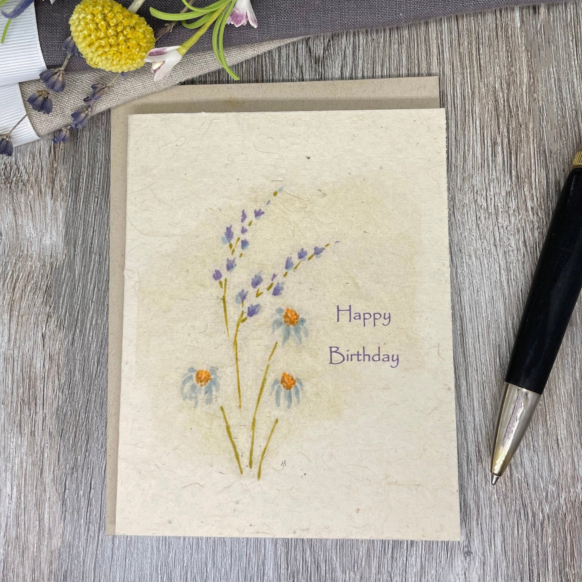 Plantable Card.  Wildflower seed paper. Hand drawn watercolor Lavender. Daisies. 