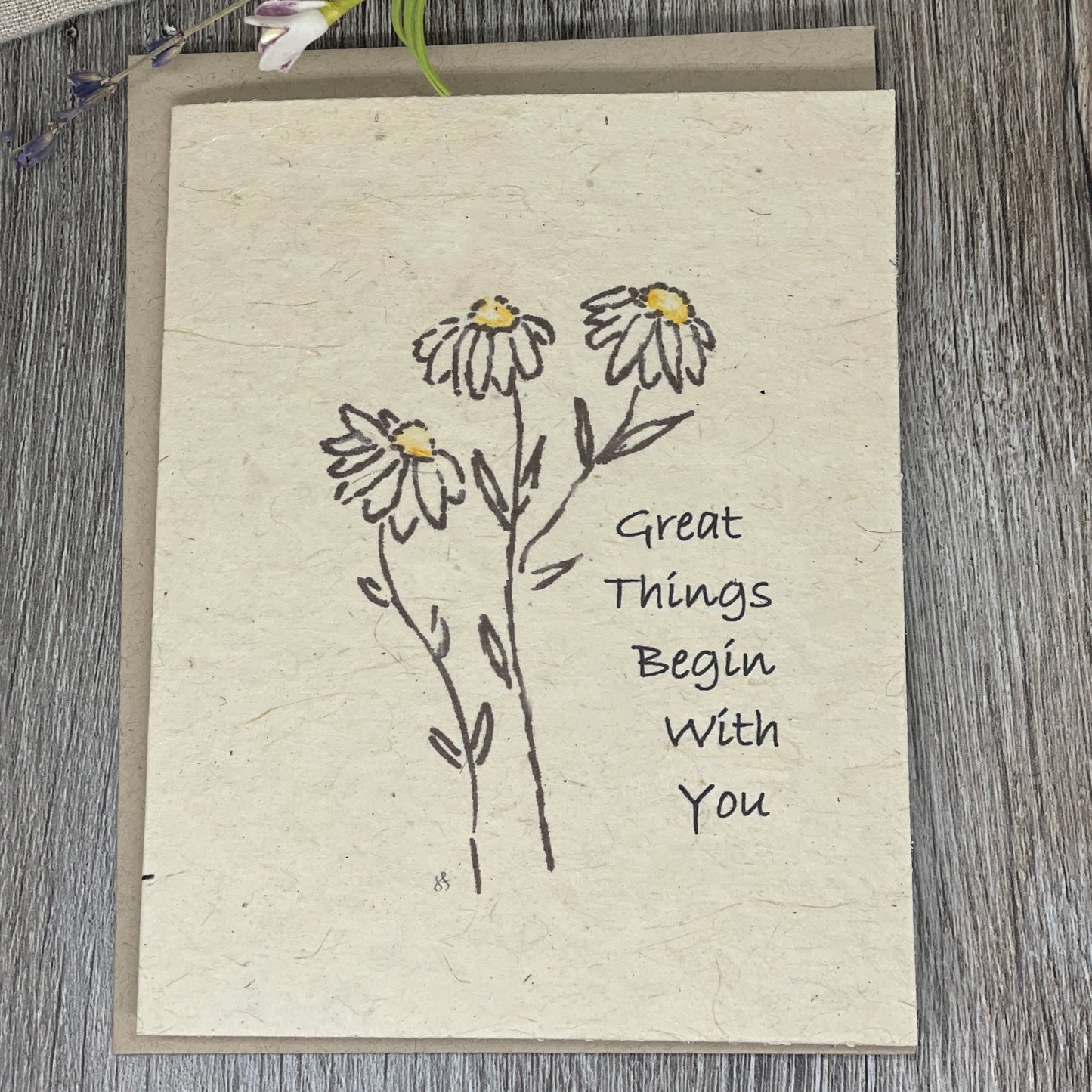 friendship card.   great things begin with you. anniversary card. encouragement card. wildflower seed paper. plantable card.  wildflowers.  blank card. all occasion card. daisies. daisy. sunshine card.