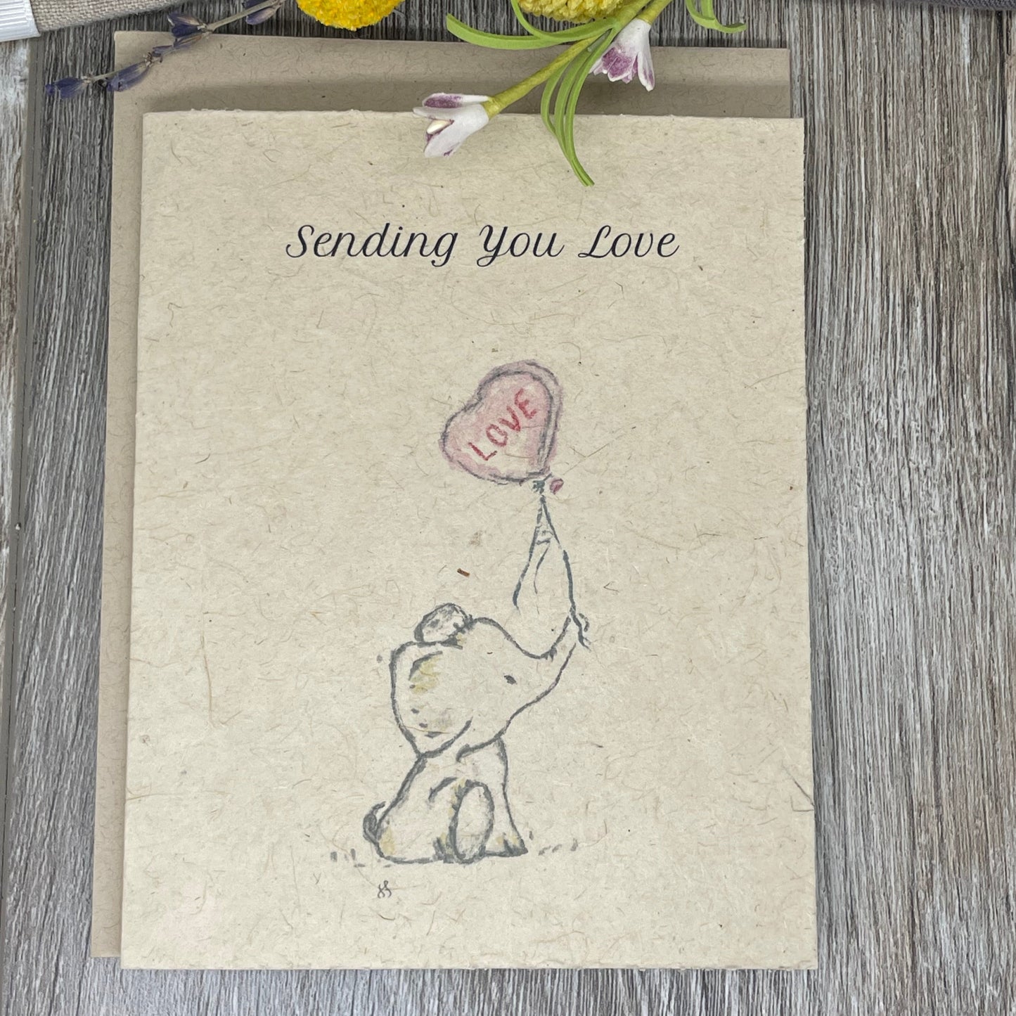 Sending you love. elephant card. friendship card. wildflower seed paper. Plantable card. Wildflowers.